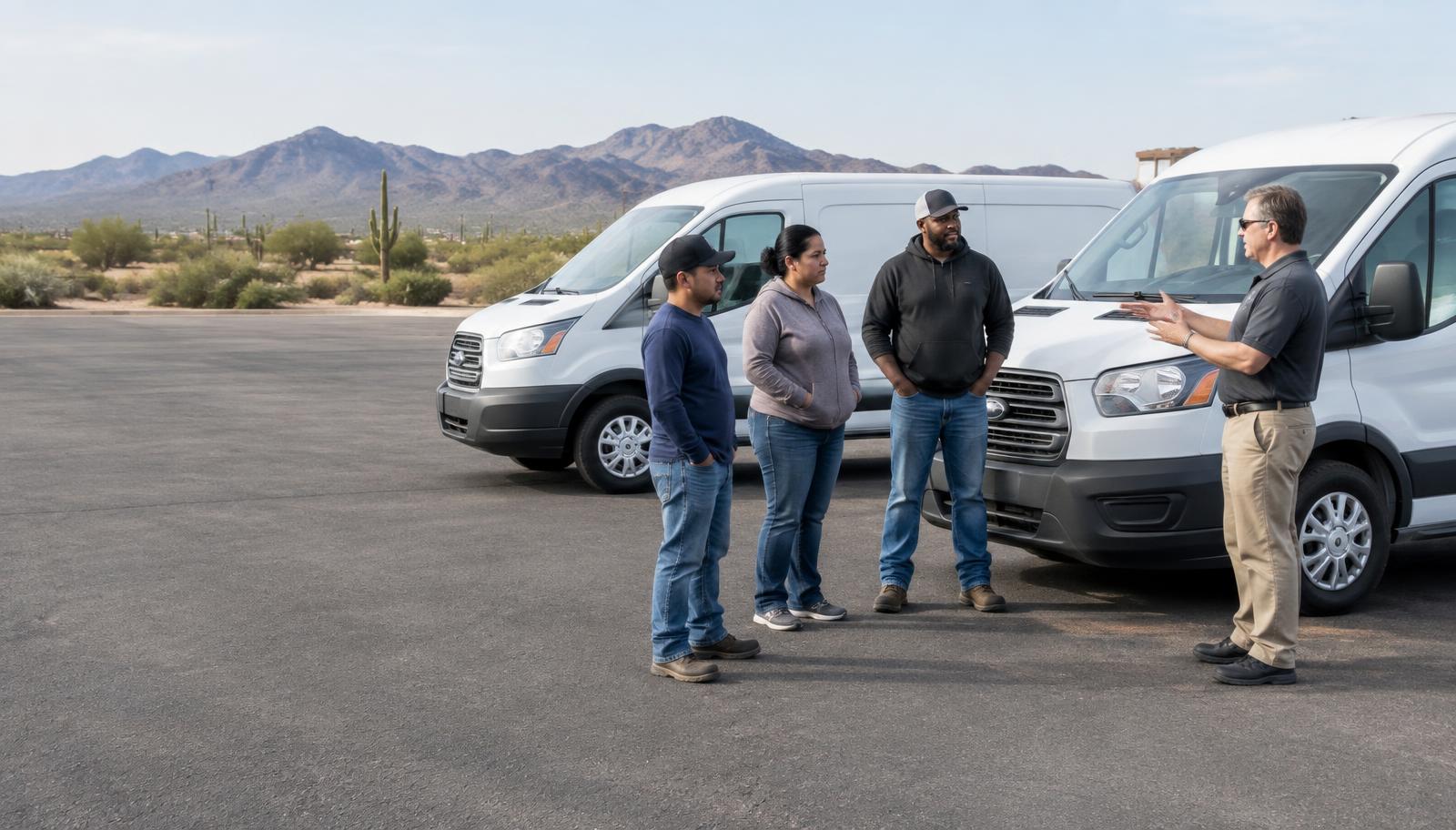 Fleet drivers learning together beside their vans in a private Arizona lot